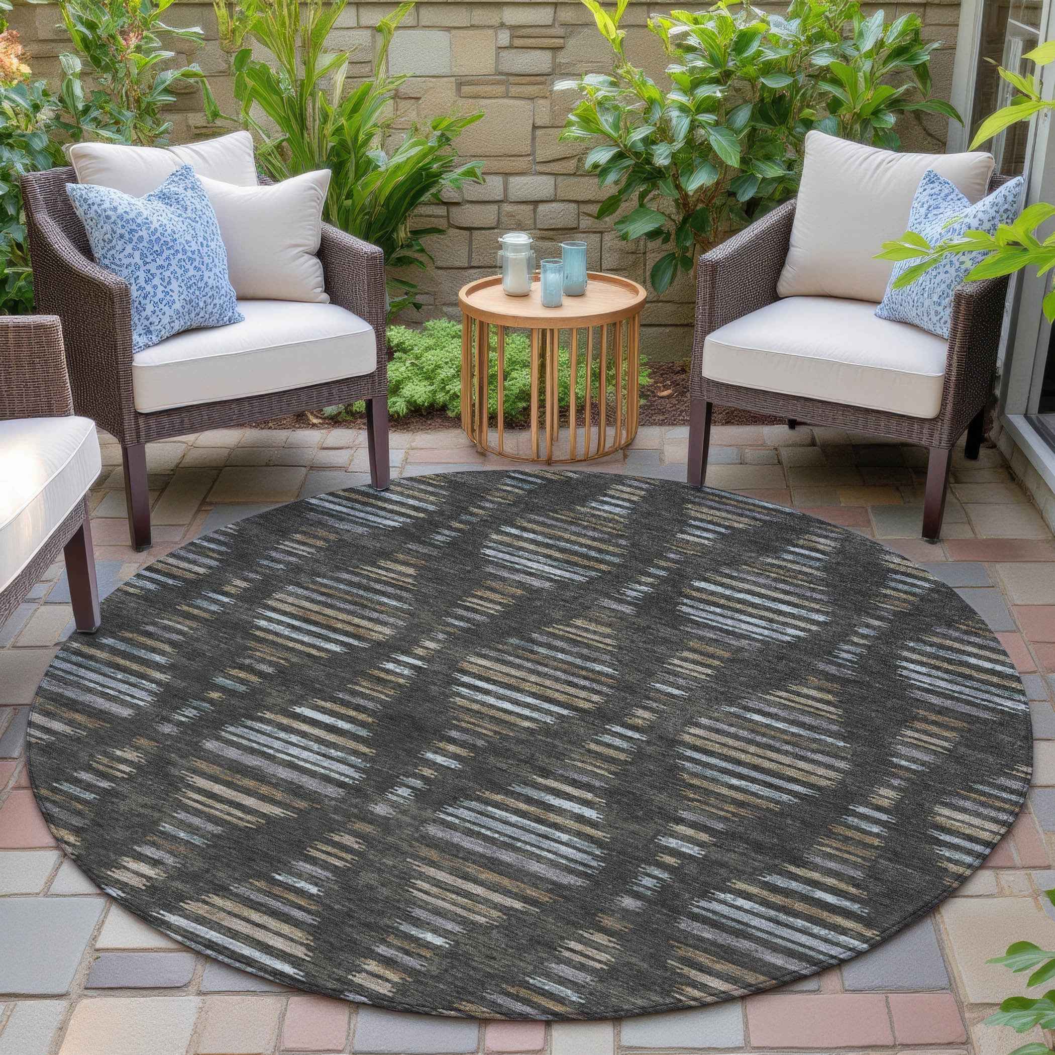 8' Coffee And Gray Round Striped Washable Indoor Outdoor Area Rug