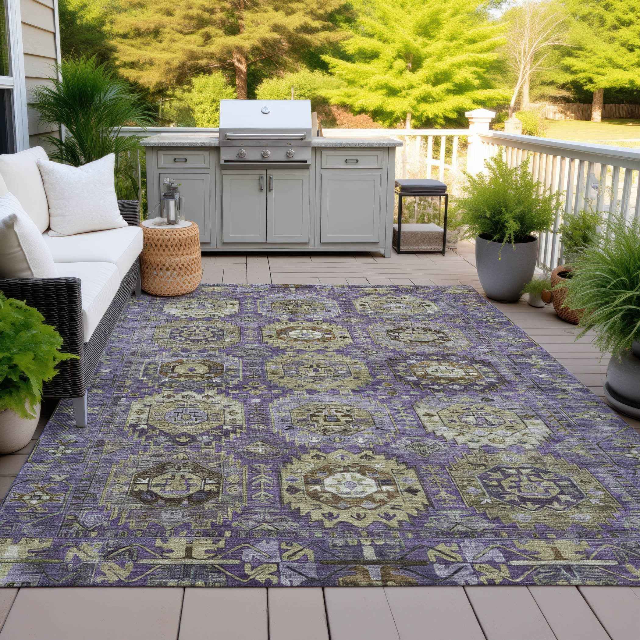 3' X 5' Eggplant Lavender And Olive Green Medallion Washable Indoor Outdoor Area Rug