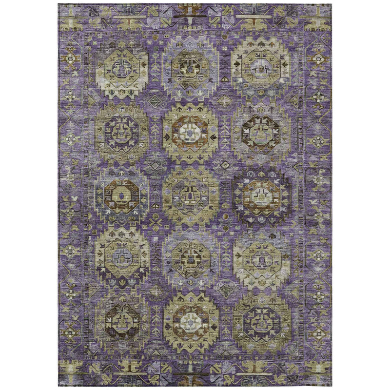 3' X 5' Eggplant Lavender And Olive Green Medallion Washable Indoor Outdoor Area Rug
