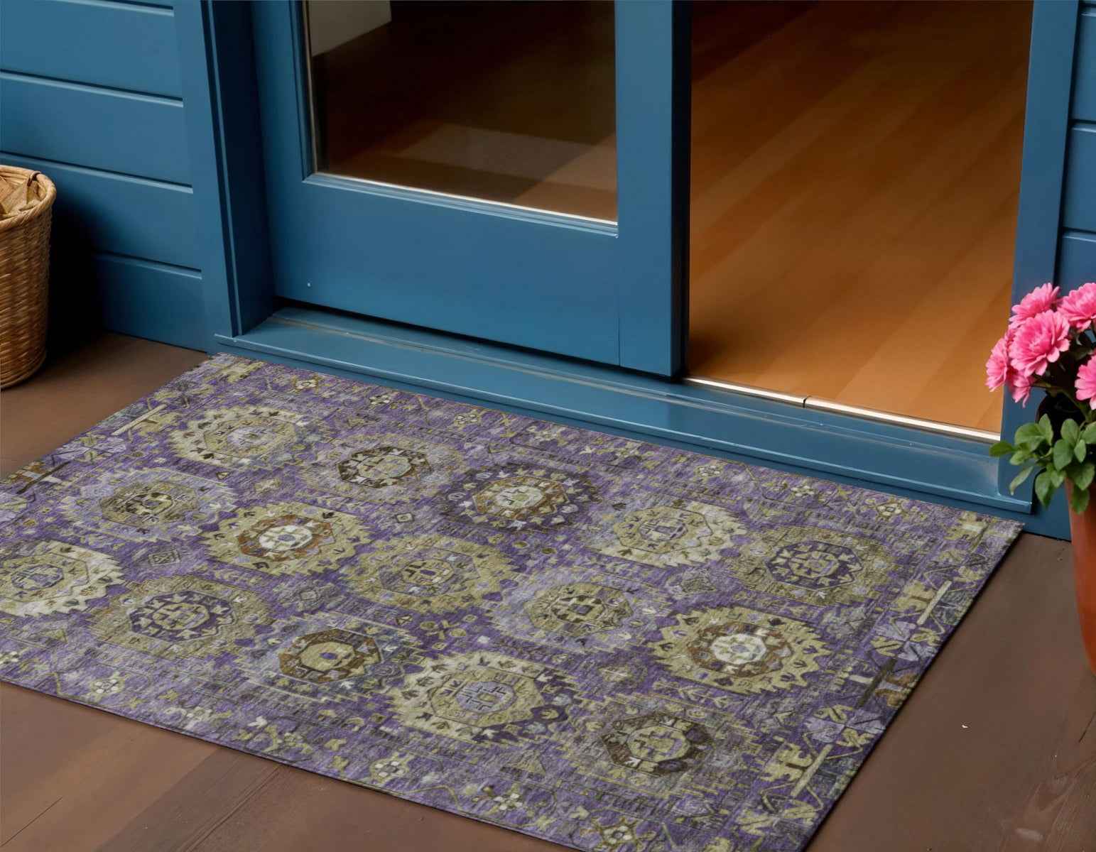 3' X 5' Eggplant Lavender And Olive Green Medallion Washable Indoor Outdoor Area Rug