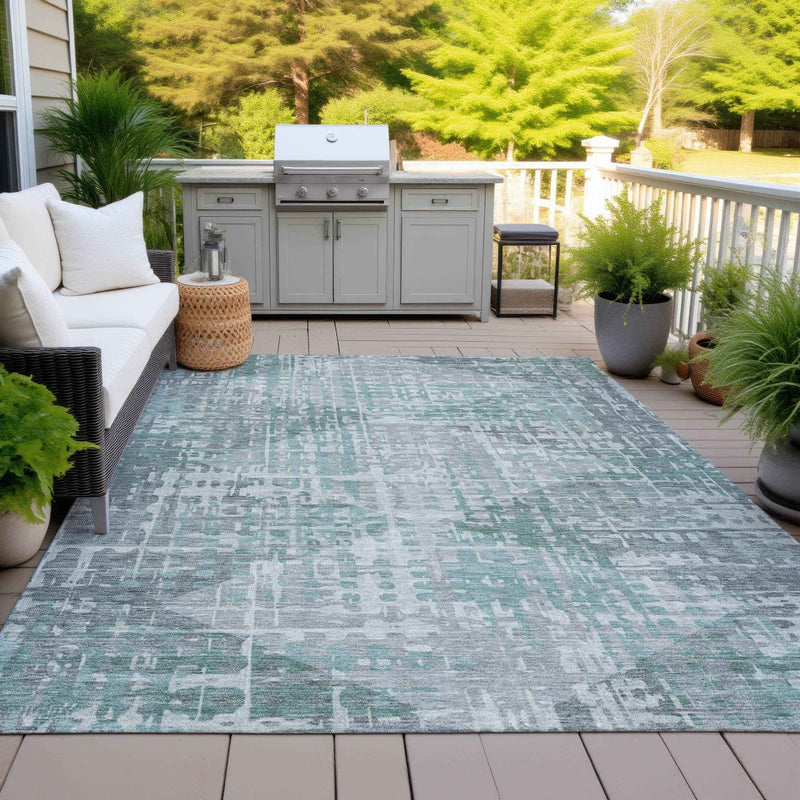 3' X 5' Teal Blue And Gray Geometric Washable Indoor Outdoor Area Rug