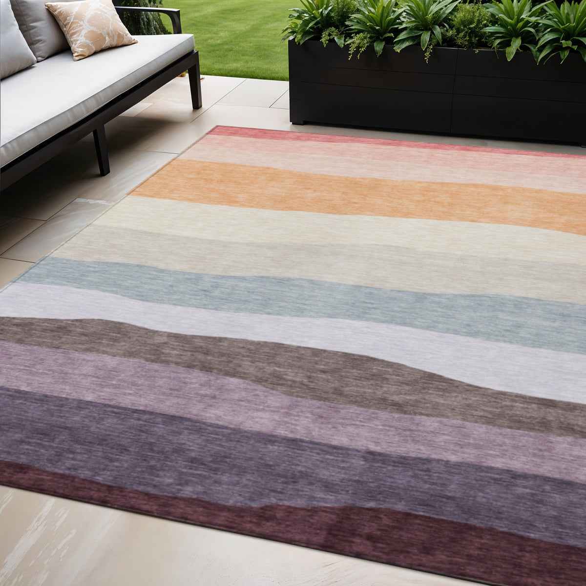 5' X 8' Orange Blush And Lavender Striped Washable Indoor Outdoor Area Rug