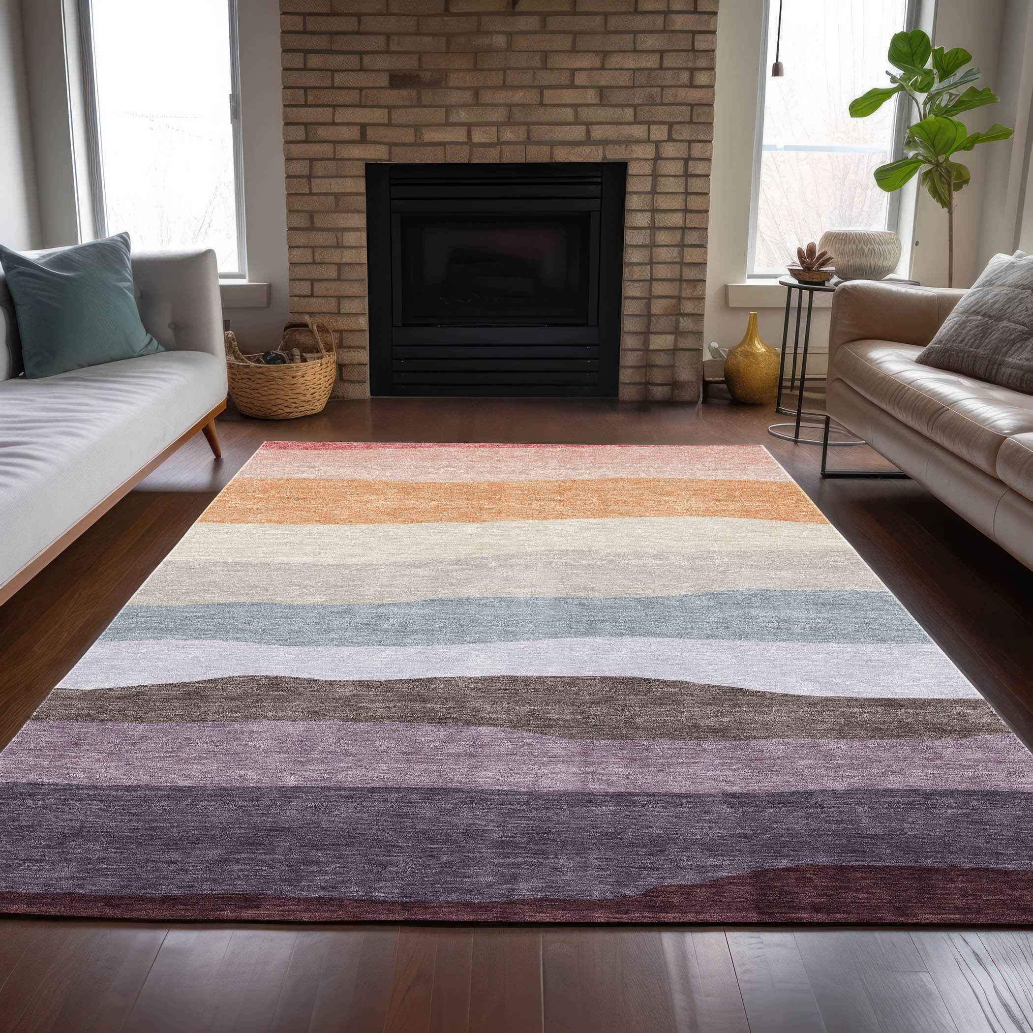 5' X 8' Orange Blush And Lavender Striped Washable Indoor Outdoor Area Rug