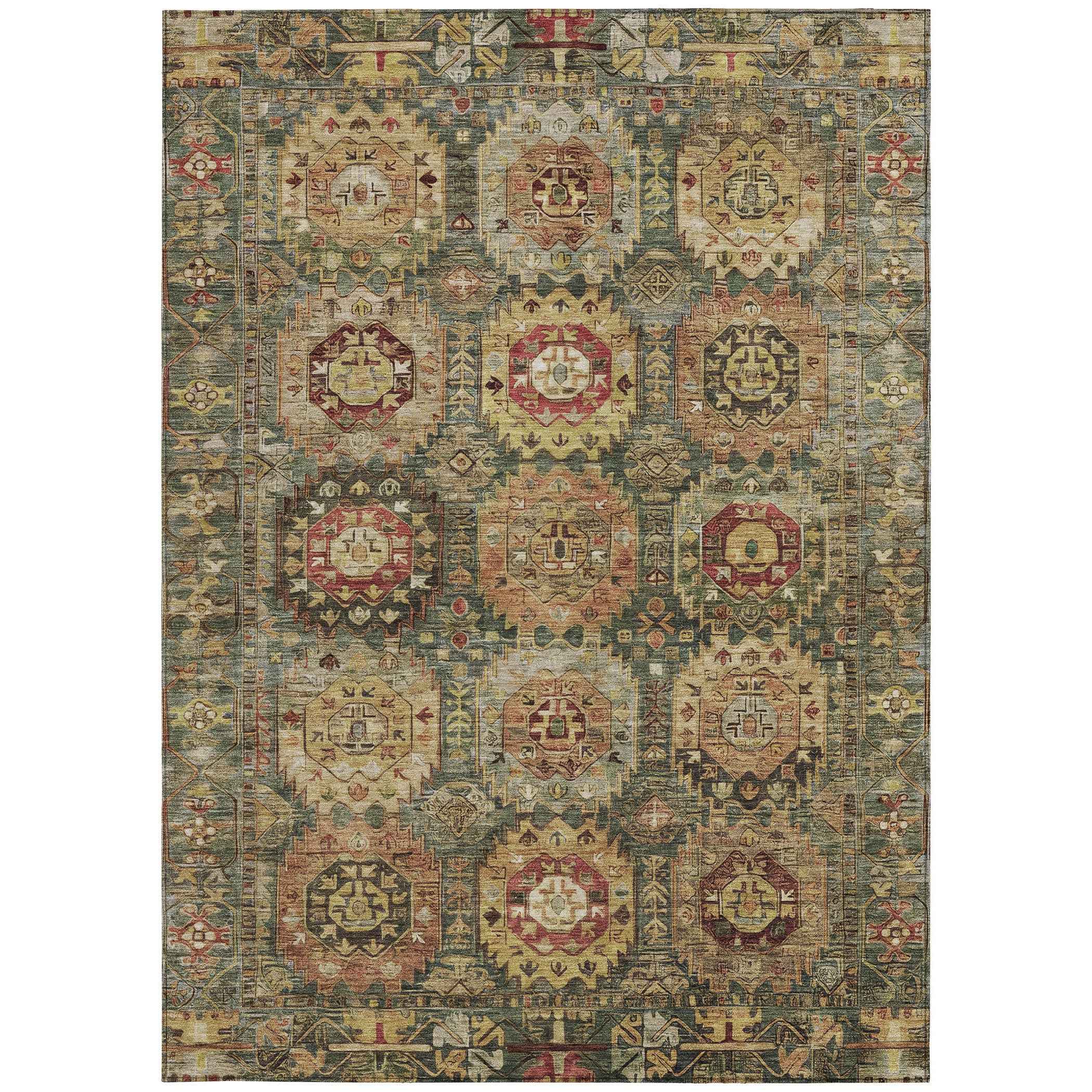 8' X 10' Artichoke Green Gold And Beige Medallion Washable Indoor Outdoor Area Rug