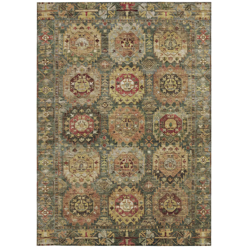 8' X 10' Artichoke Green Gold And Beige Medallion Washable Indoor Outdoor Area Rug