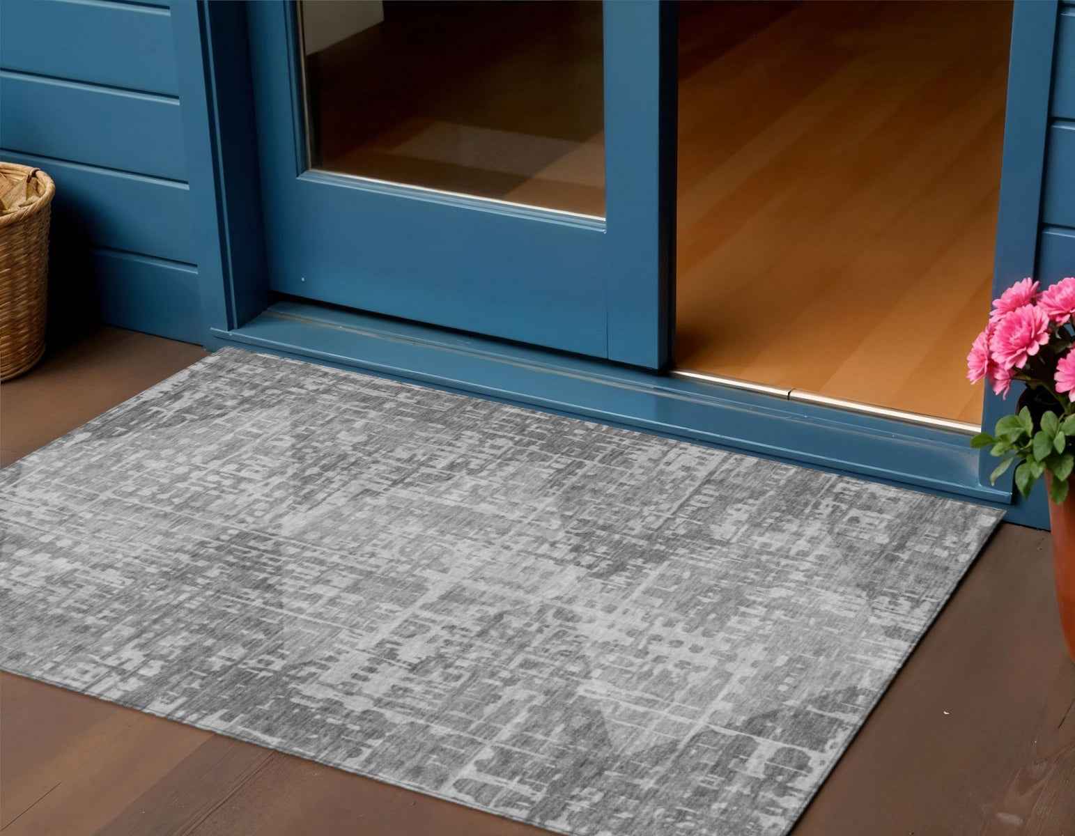3' X 5' Gray And Silver Geometric Washable Indoor Outdoor Area Rug