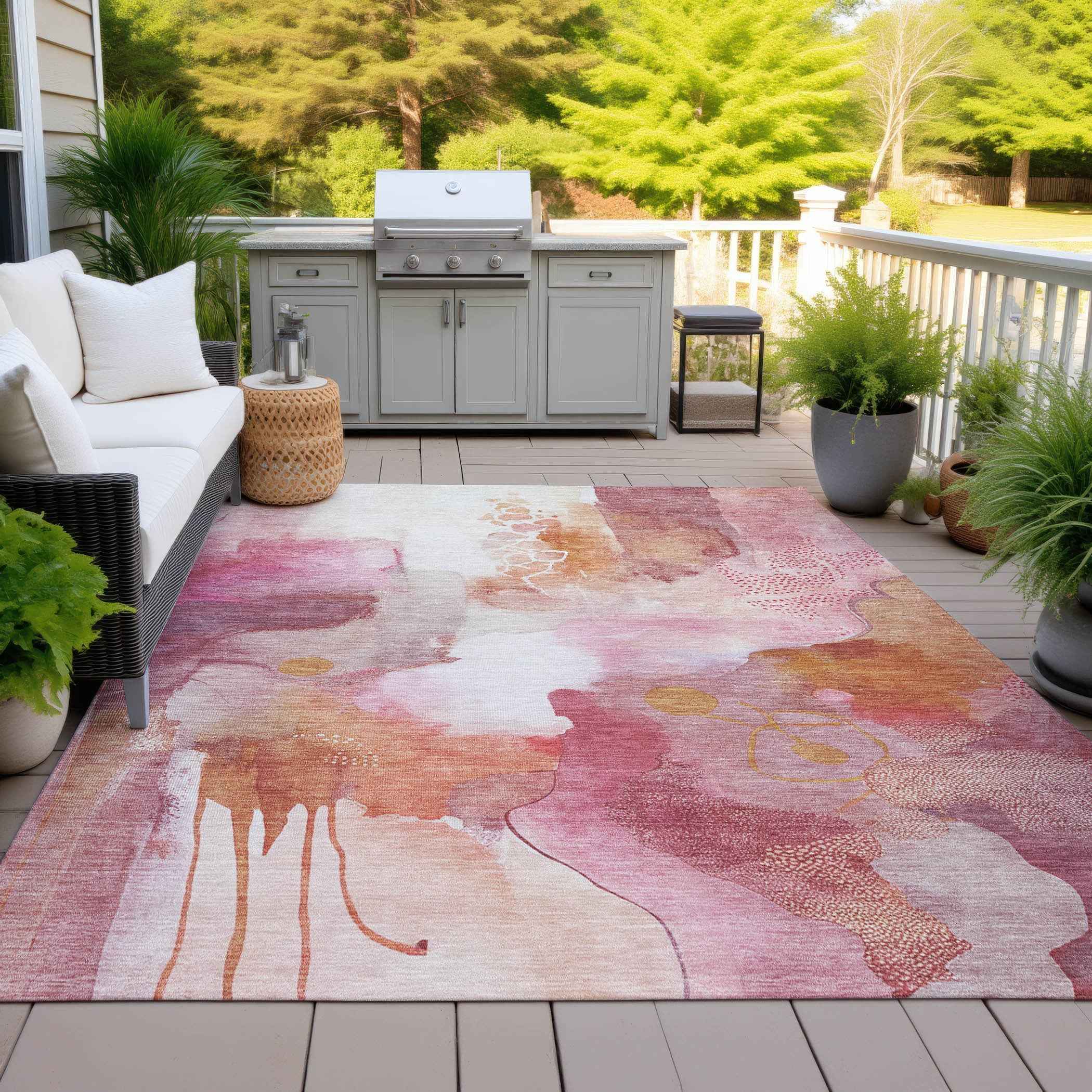 10' X 14' Pink Copper And Ivory Abstract Washable Indoor Outdoor Area Rug