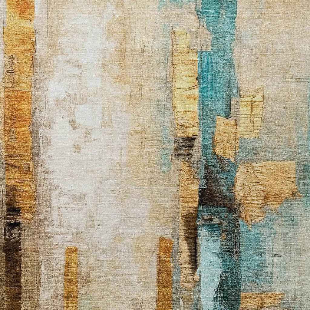 9' X 12' Beige And Teal Blue Abstract Washable Indoor Outdoor Area Rug