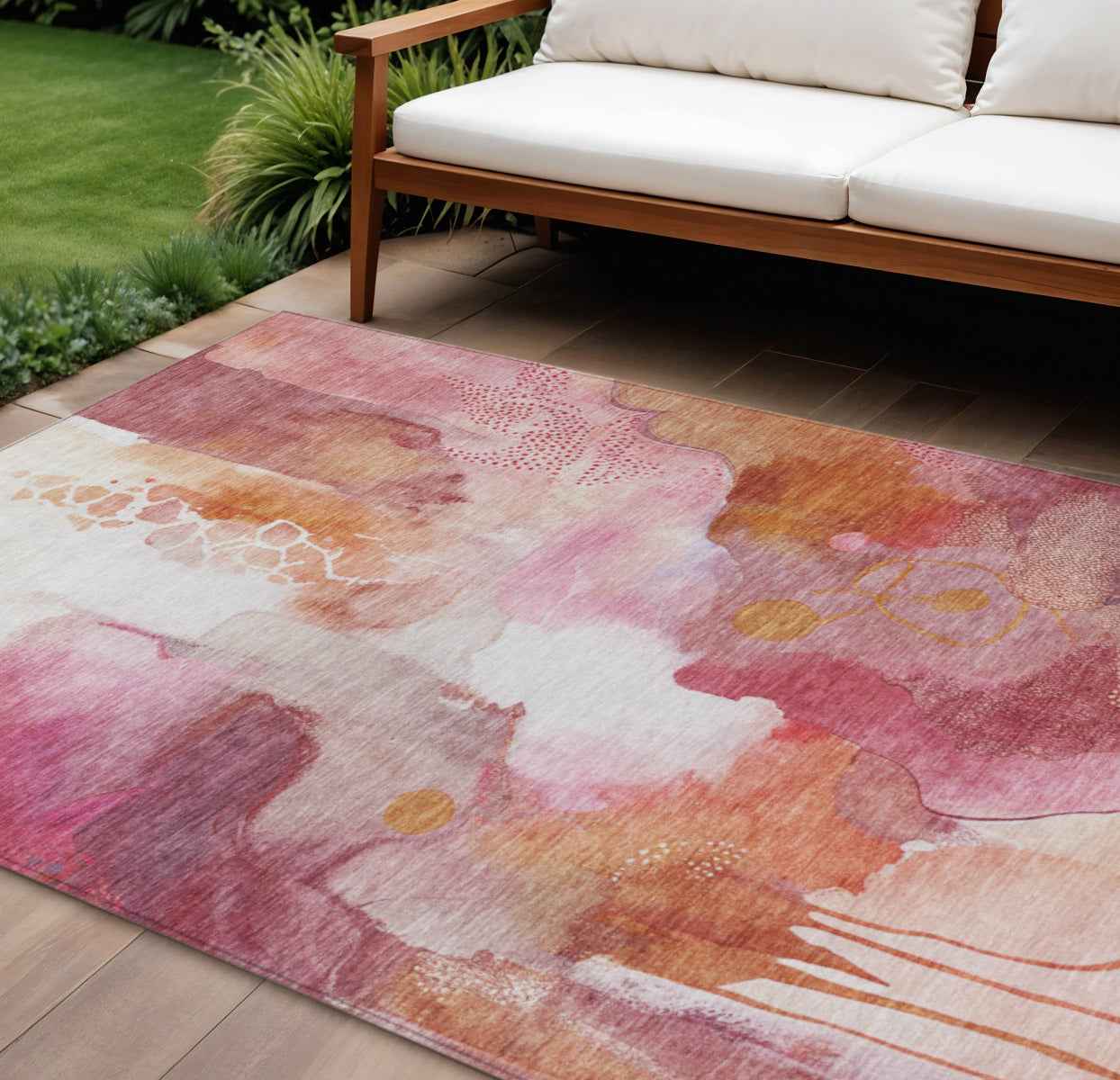 10' X 14' Pink Copper And Ivory Abstract Washable Indoor Outdoor Area Rug
