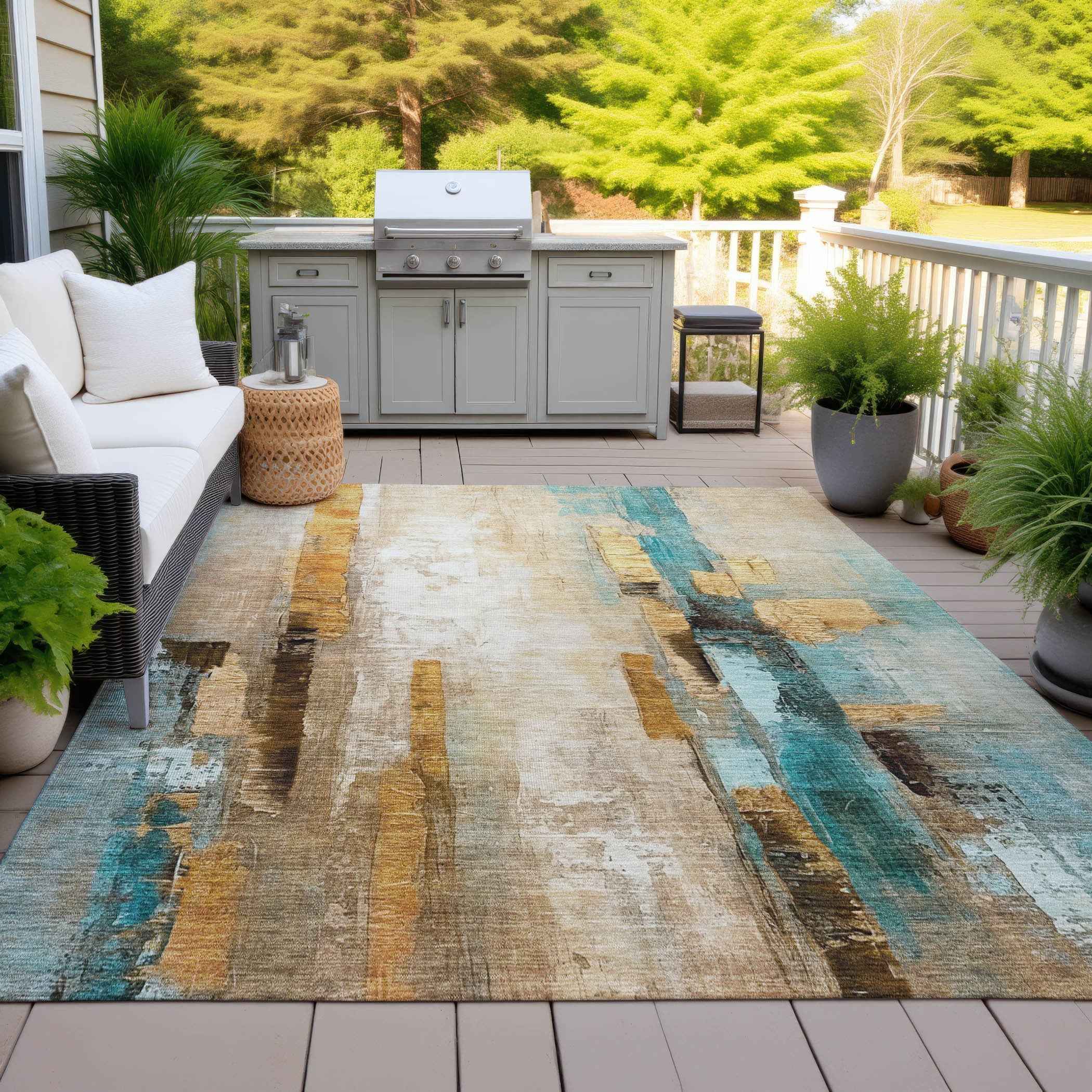 9' X 12' Beige And Teal Blue Abstract Washable Indoor Outdoor Area Rug