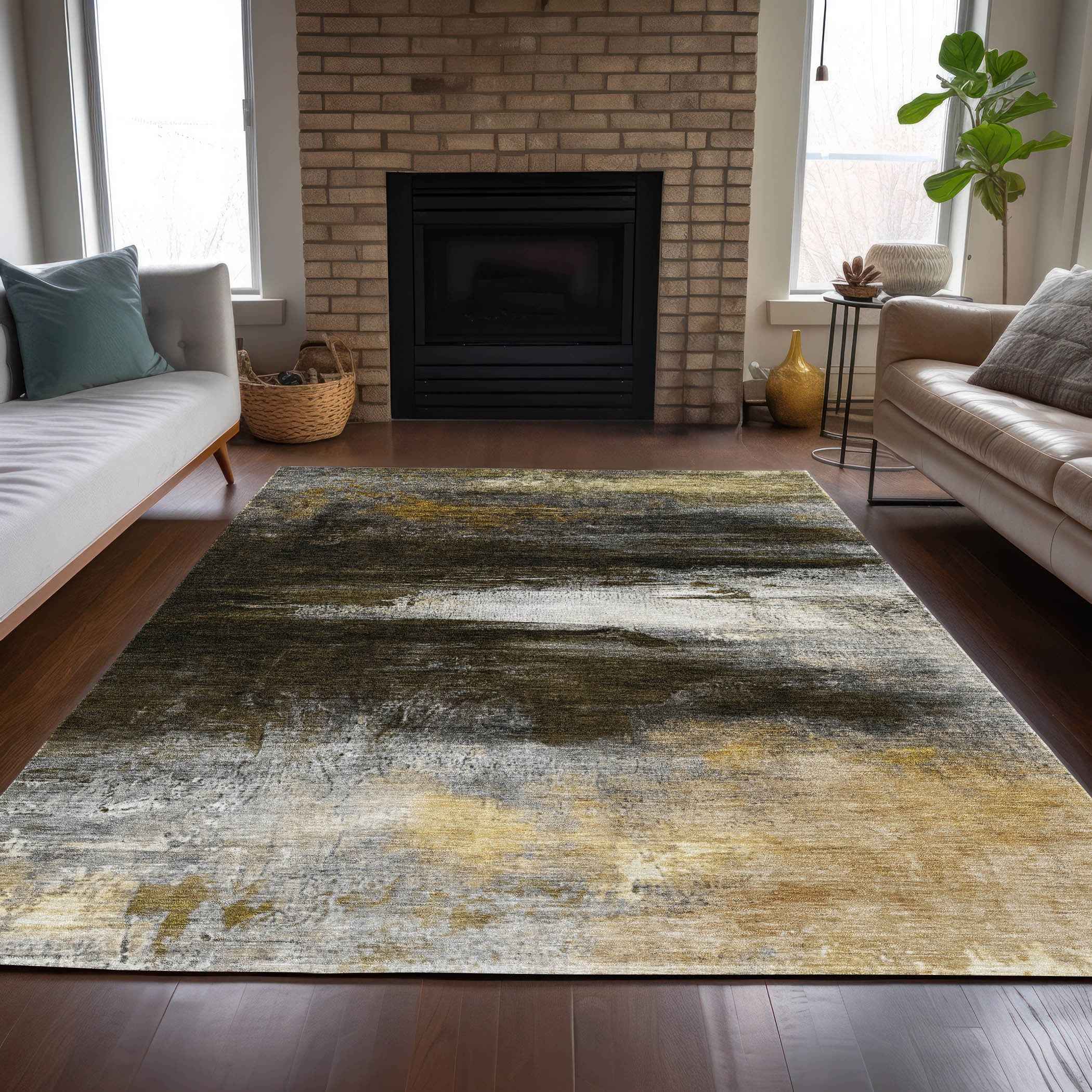 10' X 14' Chocolate Gold And Beige Abstract Washable Indoor Outdoor Area Rug