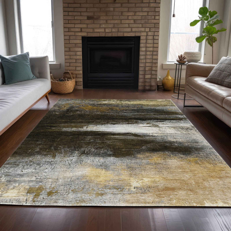 10' X 14' Chocolate Gold And Beige Abstract Washable Indoor Outdoor Area Rug