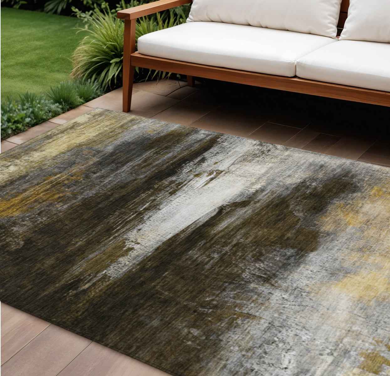 10' X 14' Chocolate Gold And Beige Abstract Washable Indoor Outdoor Area Rug