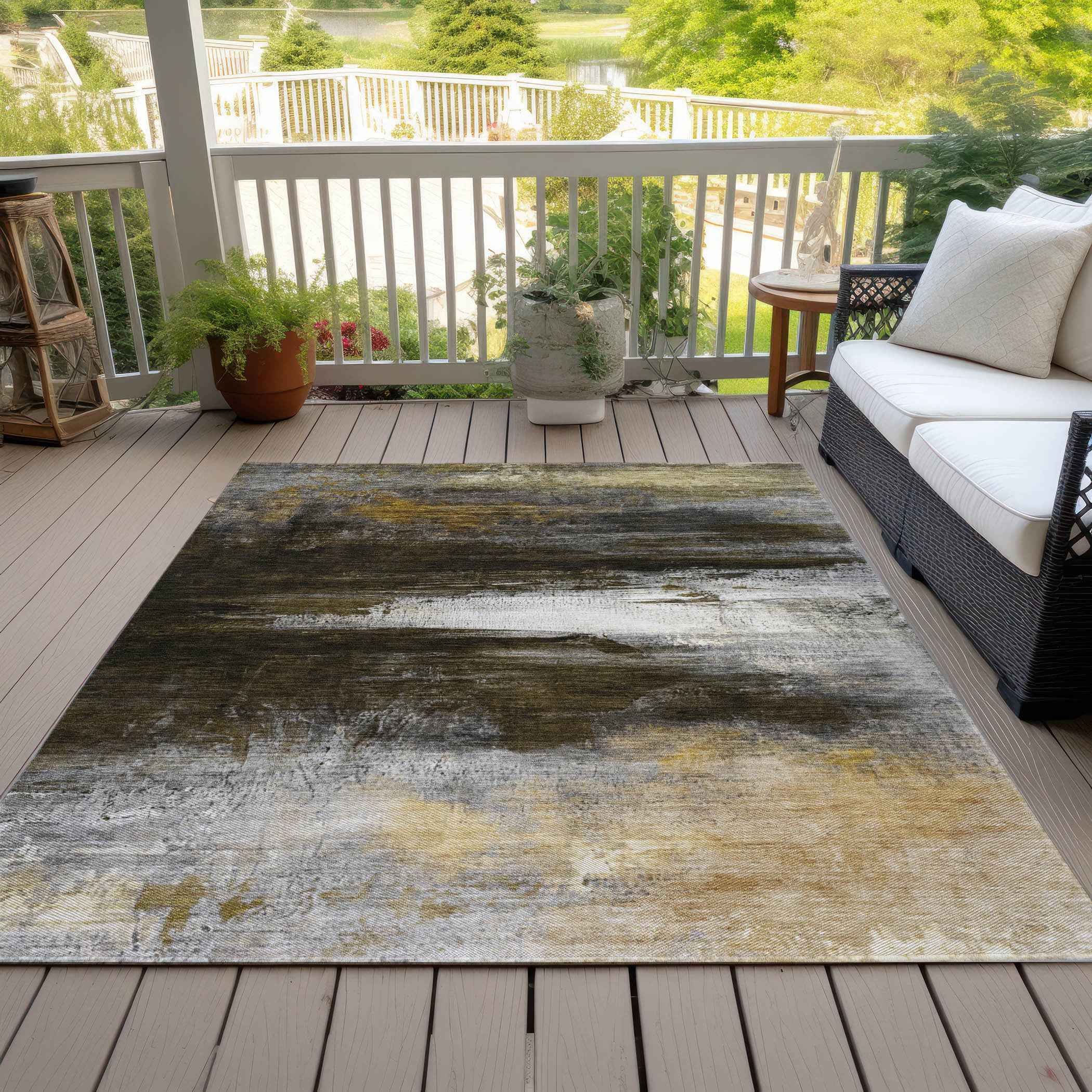 10' X 14' Chocolate Gold And Beige Abstract Washable Indoor Outdoor Area Rug