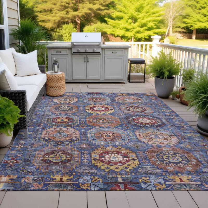 8' X 10' Denim Blue Merlot And Gold Medallion Washable Indoor Outdoor Area Rug