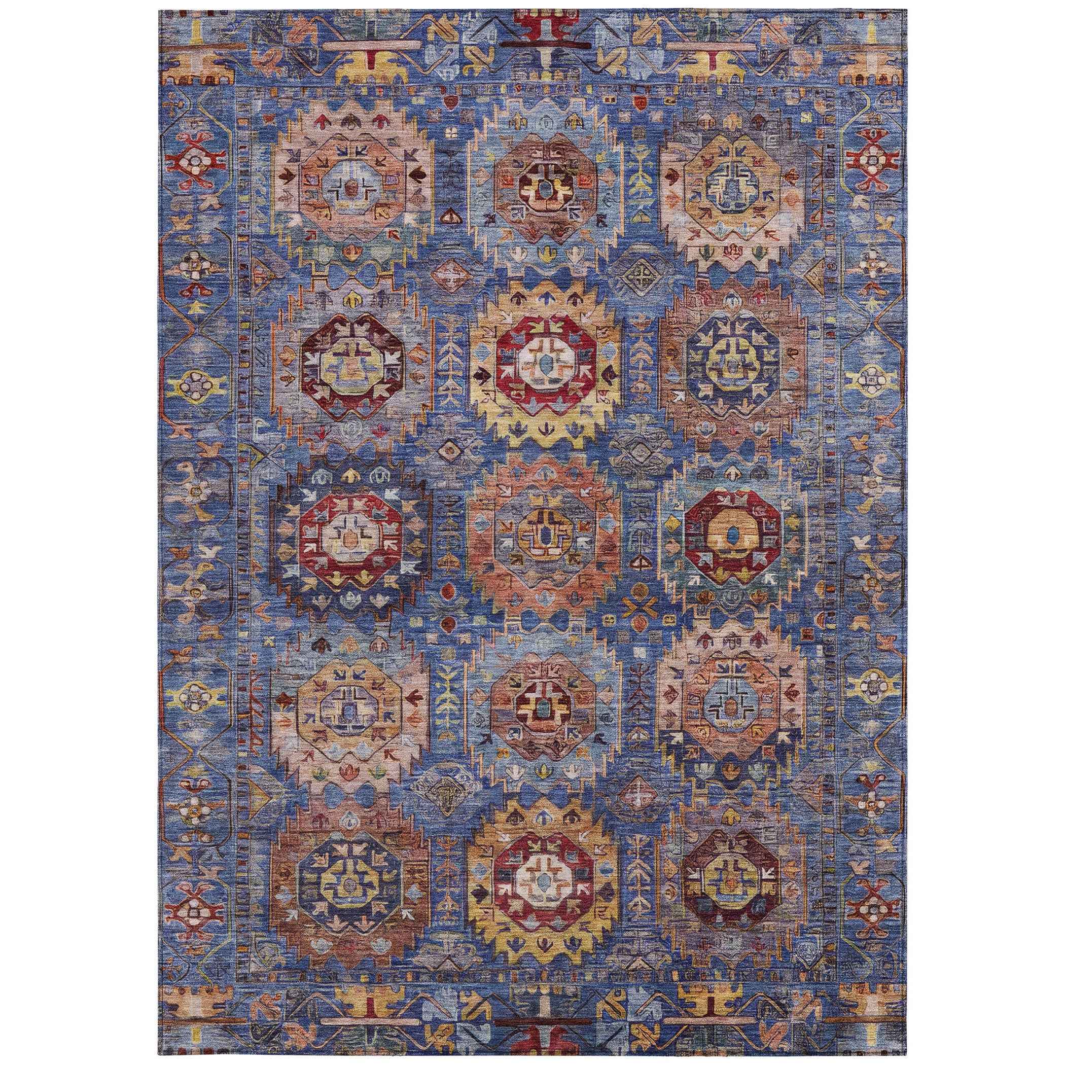 8' X 10' Denim Blue Merlot And Gold Medallion Washable Indoor Outdoor Area Rug