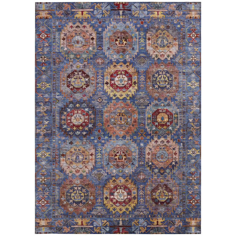 8' X 10' Denim Blue Merlot And Gold Medallion Washable Indoor Outdoor Area Rug