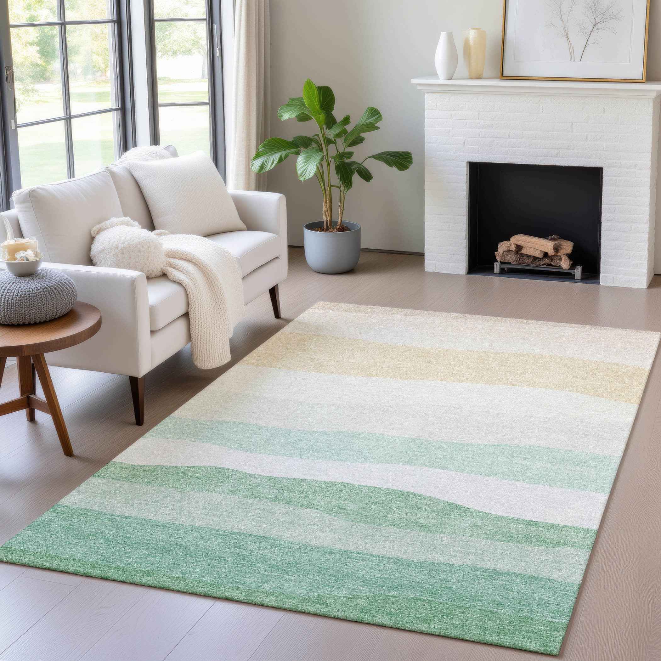 3' X 5' Teal Blue Green And Ivory Striped Washable Indoor Outdoor Area Rug