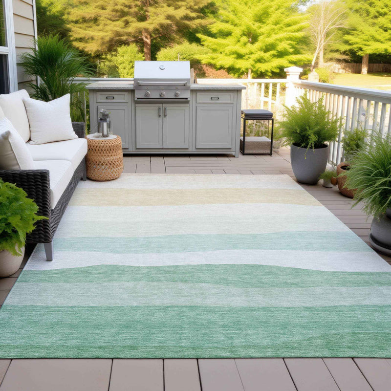 3' X 5' Teal Blue Green And Ivory Striped Washable Indoor Outdoor Area Rug
