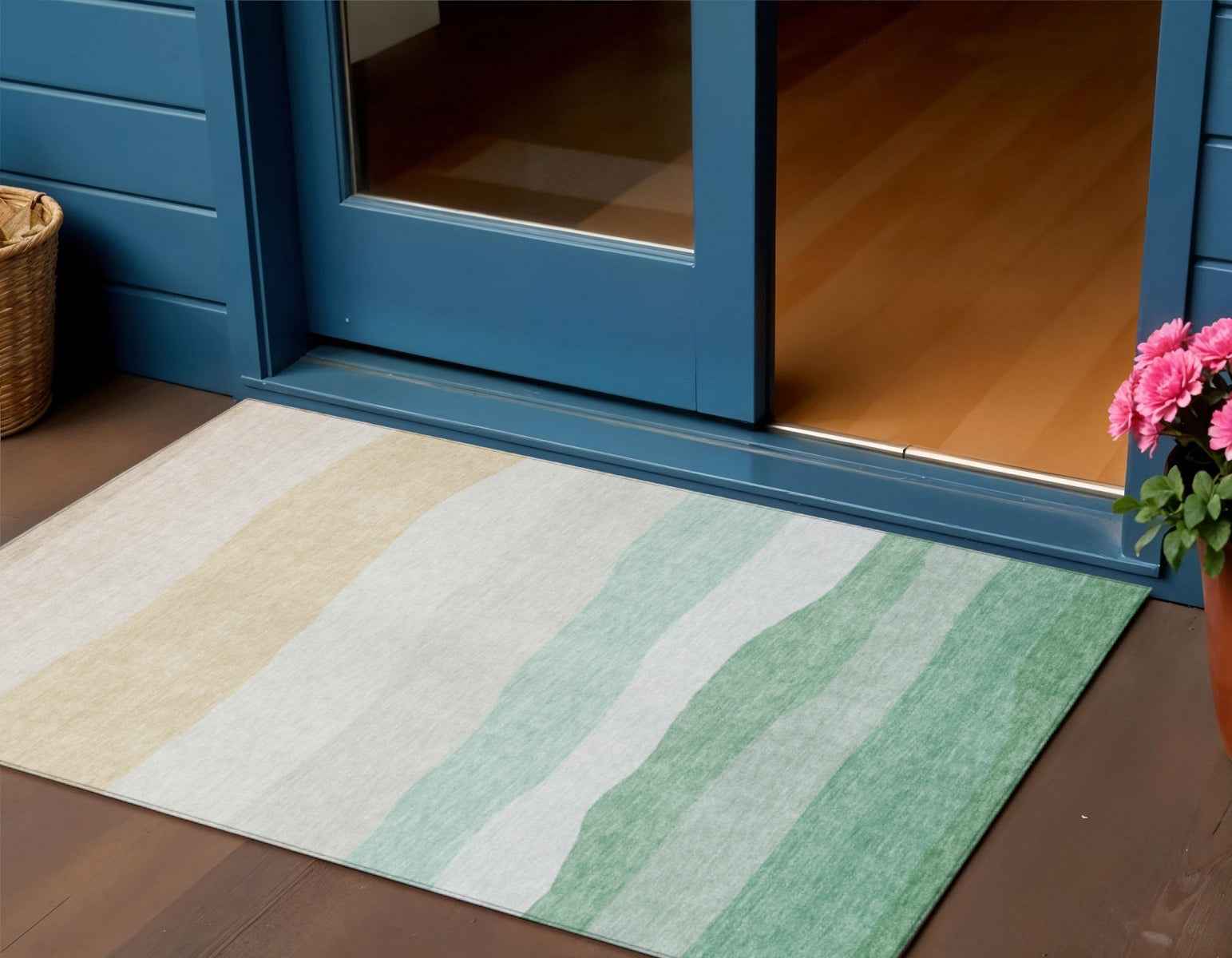 3' X 5' Teal Blue Green And Ivory Striped Washable Indoor Outdoor Area Rug