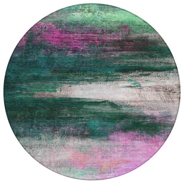 8' Green Blush And Ivory Round Abstract Washable Indoor Outdoor Area Rug
