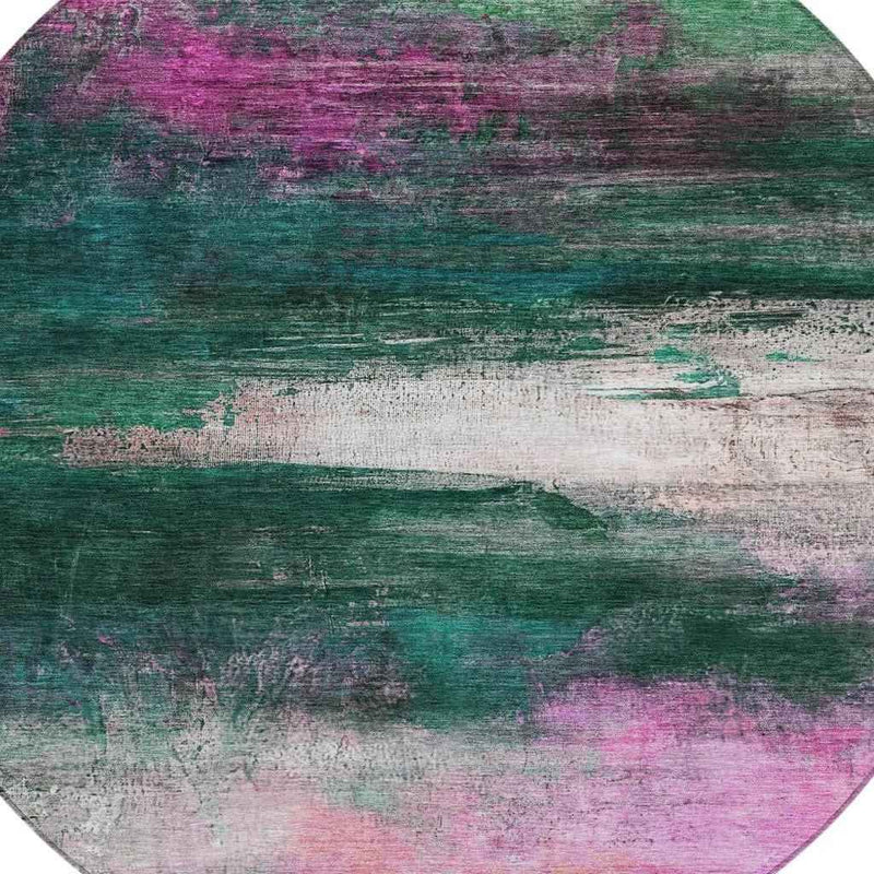 8' Green Blush And Ivory Round Abstract Washable Indoor Outdoor Area Rug