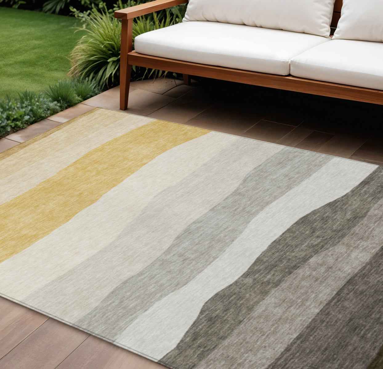8' X 10' Pewter Gold And Ivory Striped Washable Indoor Outdoor Area Rug