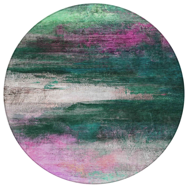 8' Green Blush And Ivory Round Abstract Washable Indoor Outdoor Area Rug