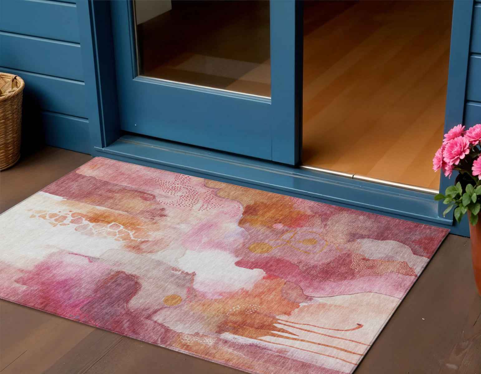 3' X 5' Pink Copper And Ivory Abstract Washable Indoor Outdoor Area Rug