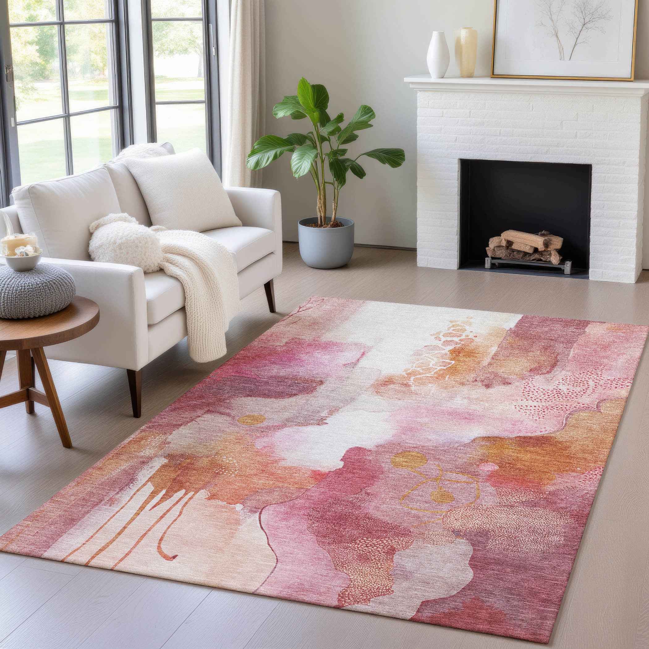 3' X 5' Pink Copper And Ivory Abstract Washable Indoor Outdoor Area Rug