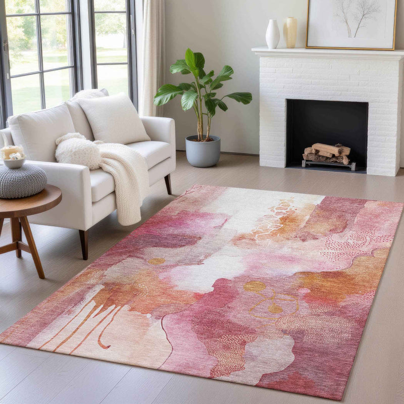 3' X 5' Pink Copper And Ivory Abstract Washable Indoor Outdoor Area Rug
