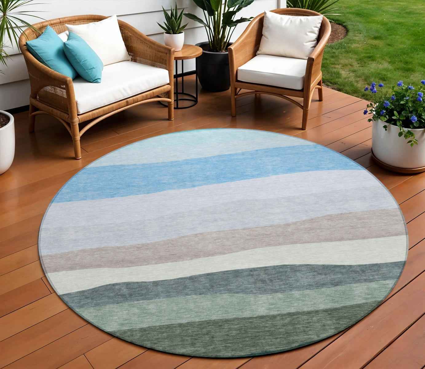 8' Green Blue And Gray Round Striped Washable Indoor Outdoor Area Rug