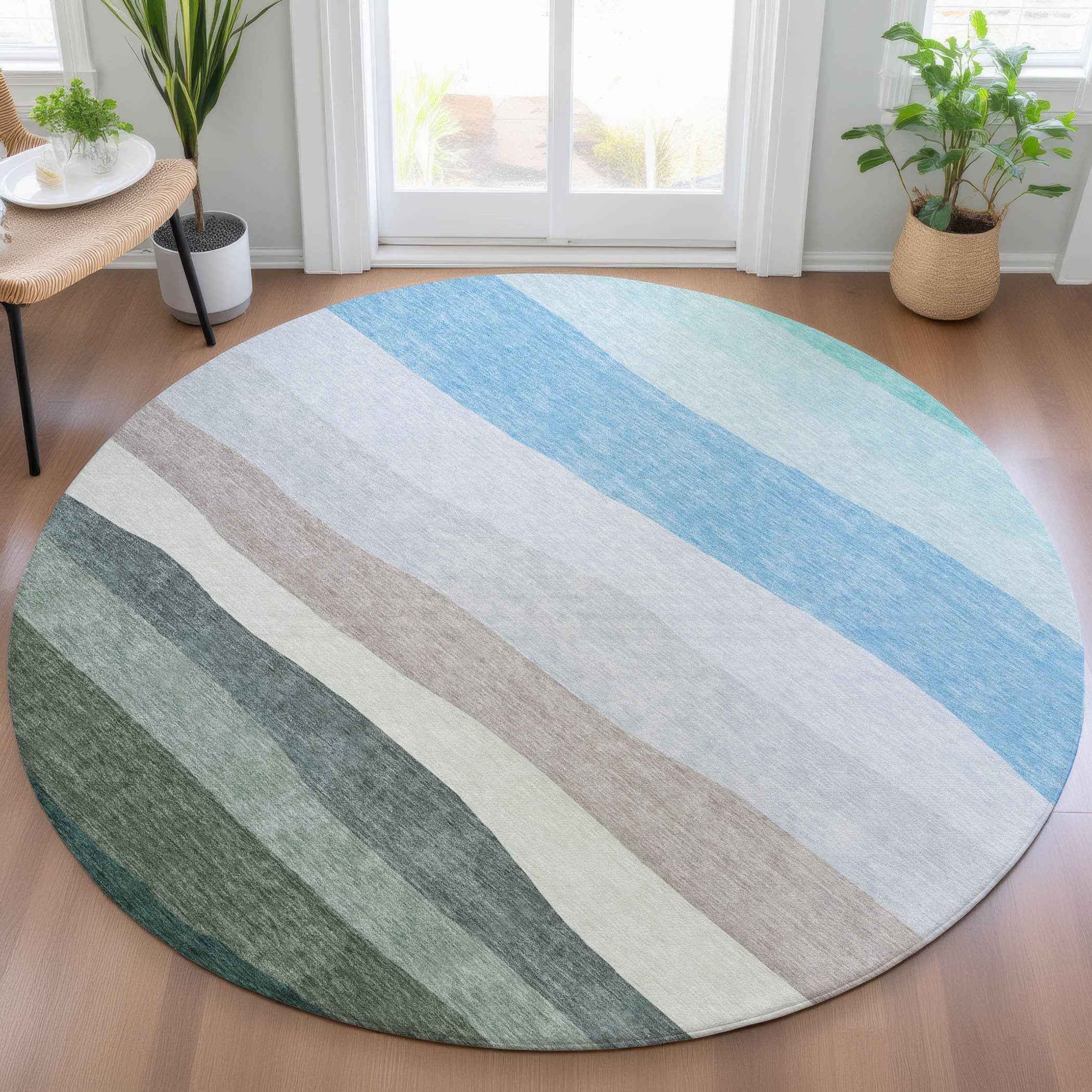8' Green Blue And Gray Round Striped Washable Indoor Outdoor Area Rug
