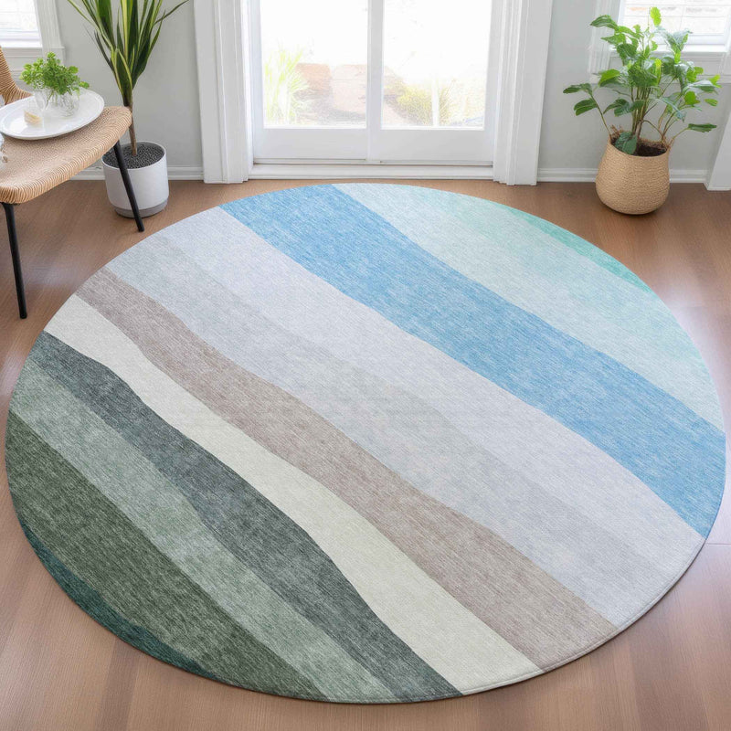 8' Green Blue And Gray Round Striped Washable Indoor Outdoor Area Rug