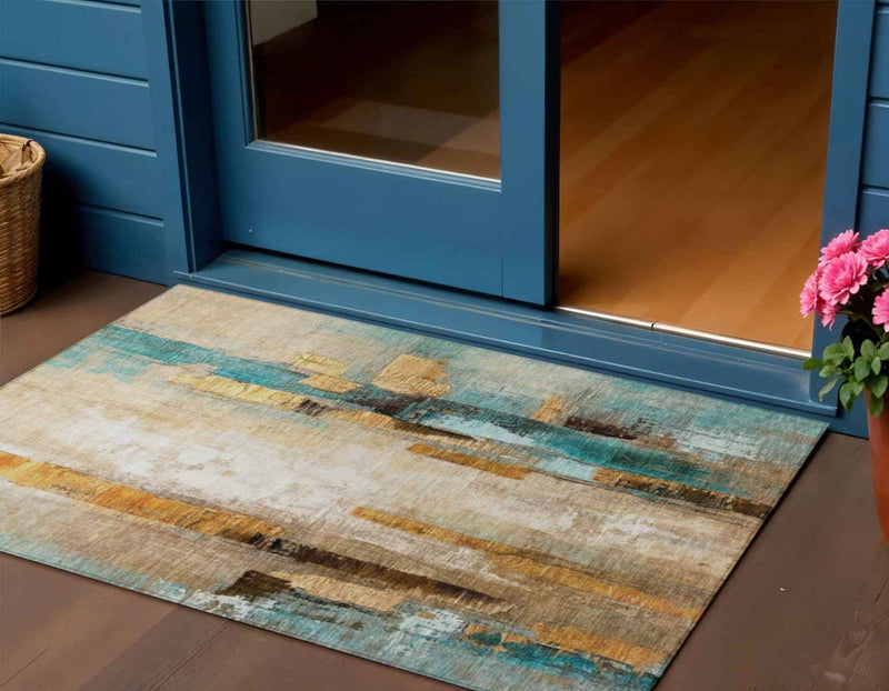 3' X 5' Beige And Teal Blue Abstract Washable Indoor Outdoor Area Rug