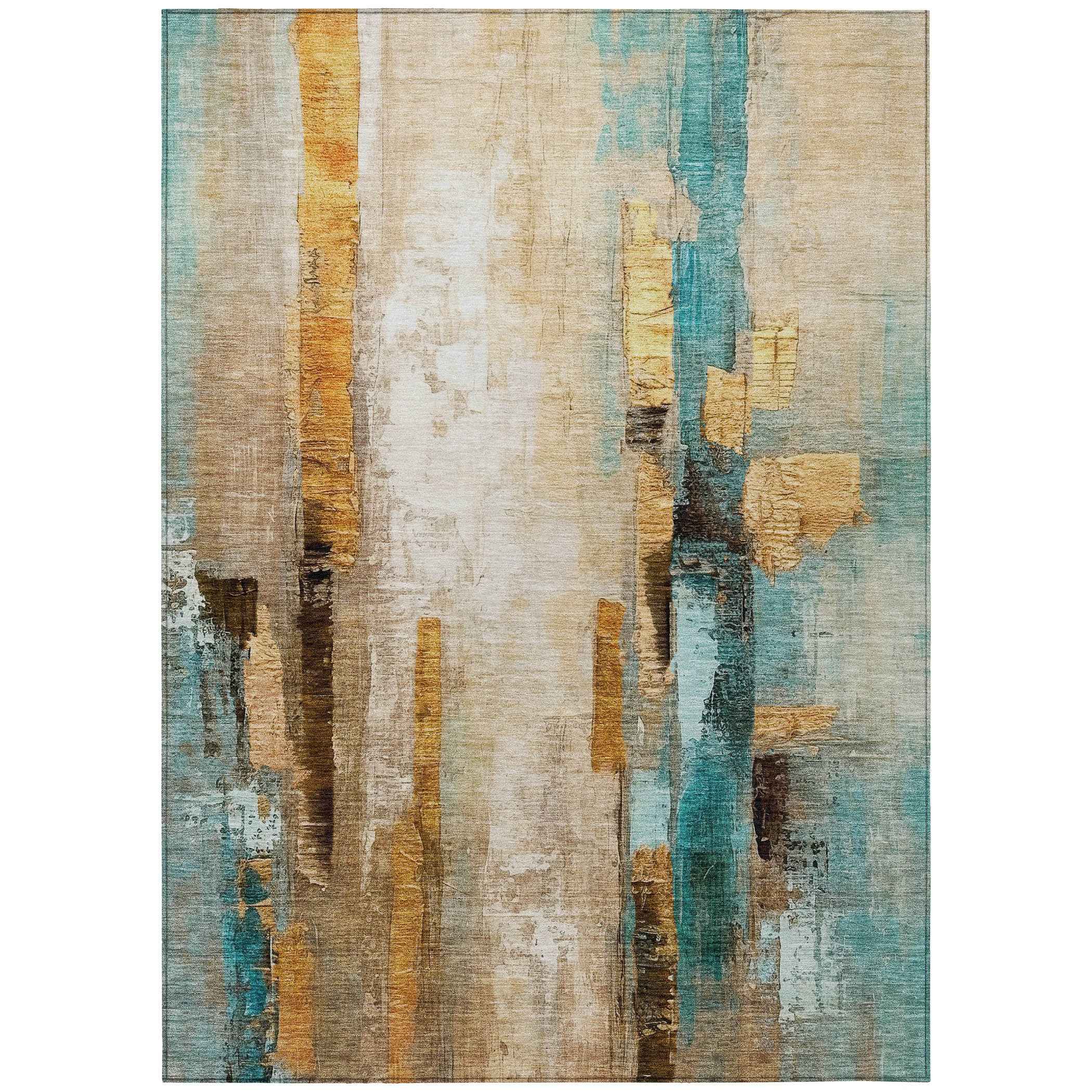 3' X 5' Beige And Teal Blue Abstract Washable Indoor Outdoor Area Rug