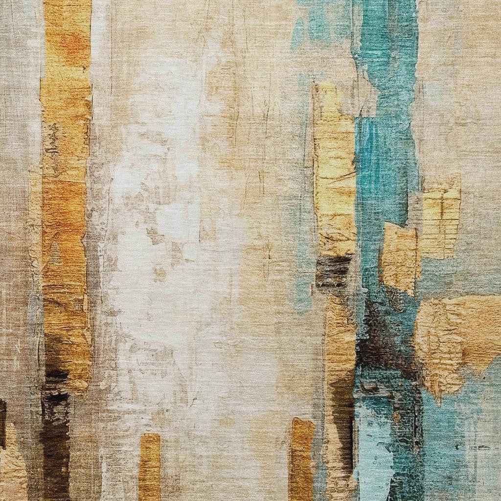 3' X 5' Beige And Teal Blue Abstract Washable Indoor Outdoor Area Rug