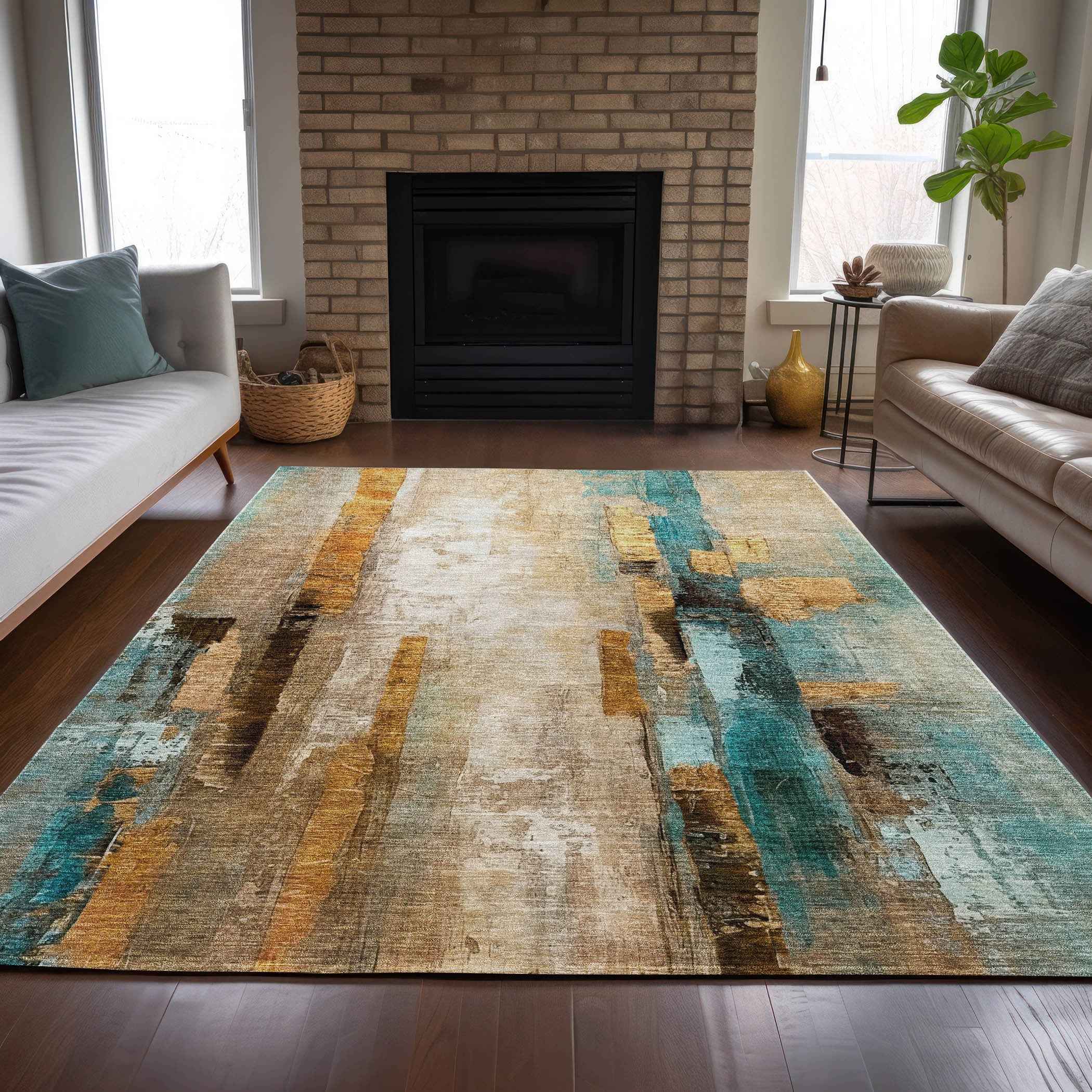 3' X 5' Beige And Teal Blue Abstract Washable Indoor Outdoor Area Rug