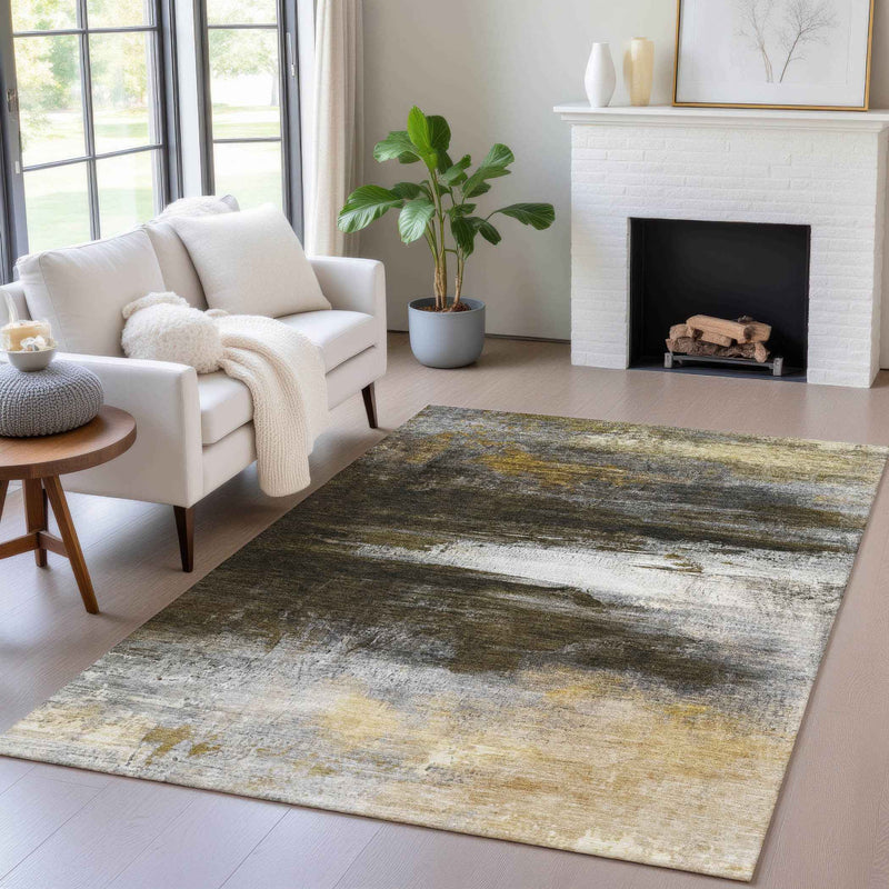8' X 10' Chocolate Gold And Beige Abstract Washable Indoor Outdoor Area Rug