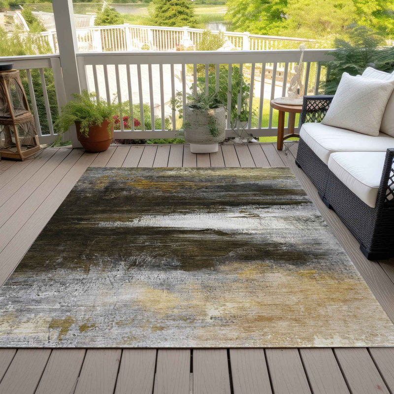 8' X 10' Chocolate Gold And Beige Abstract Washable Indoor Outdoor Area Rug