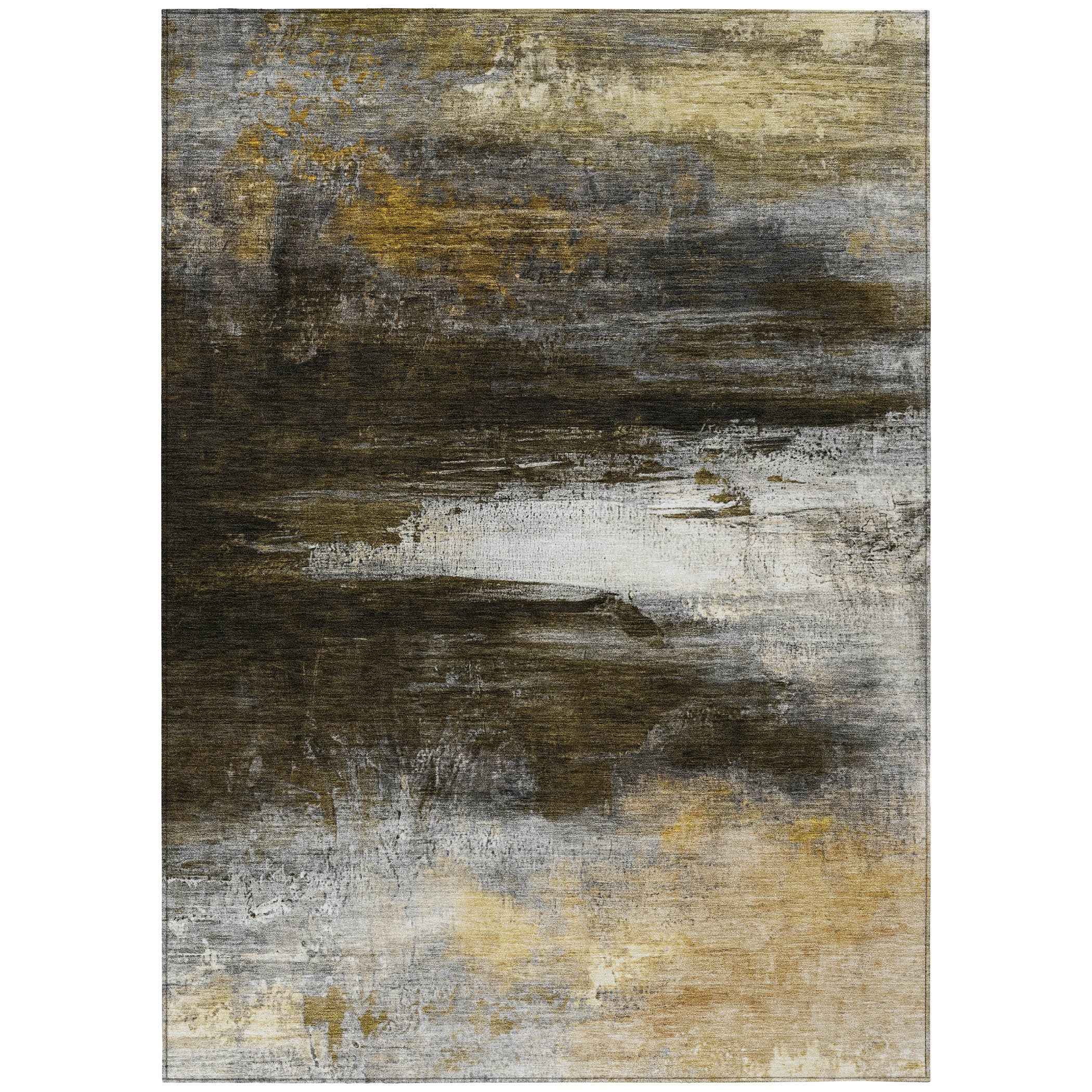 8' X 10' Chocolate Gold And Beige Abstract Washable Indoor Outdoor Area Rug