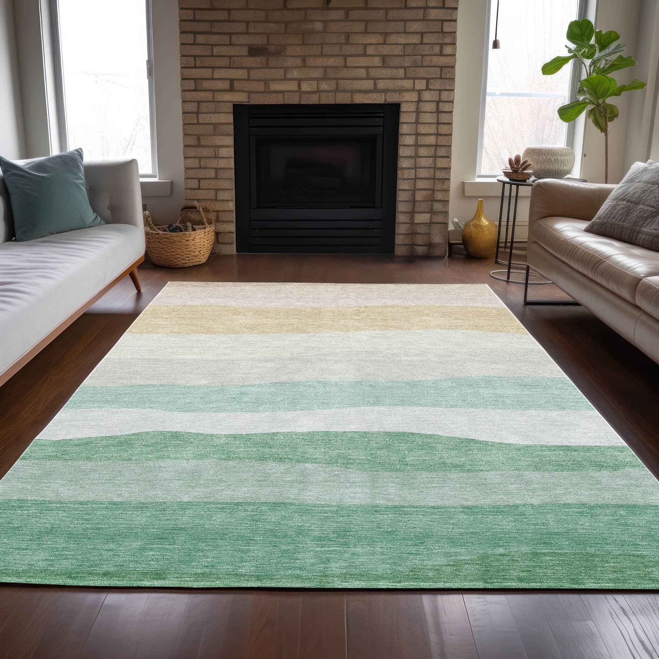 5' X 8' Teal Blue Green And Ivory Striped Washable Indoor Outdoor Area Rug