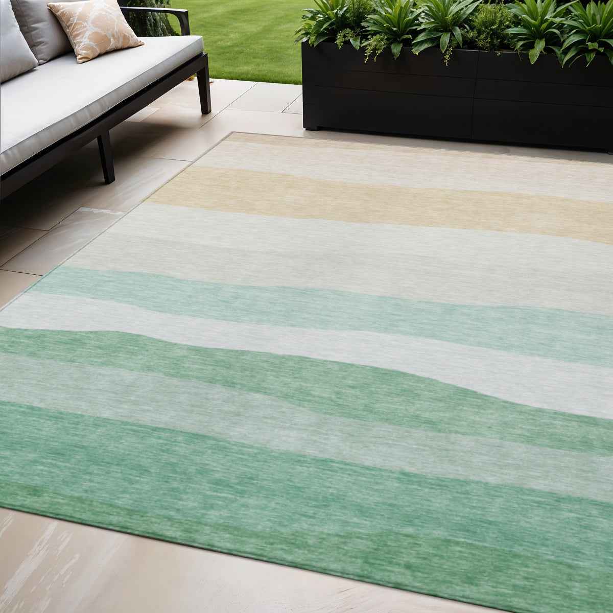 5' X 8' Teal Blue Green And Ivory Striped Washable Indoor Outdoor Area Rug