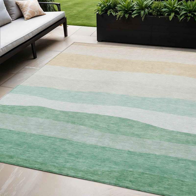 5' X 8' Teal Blue Green And Ivory Striped Washable Indoor Outdoor Area Rug