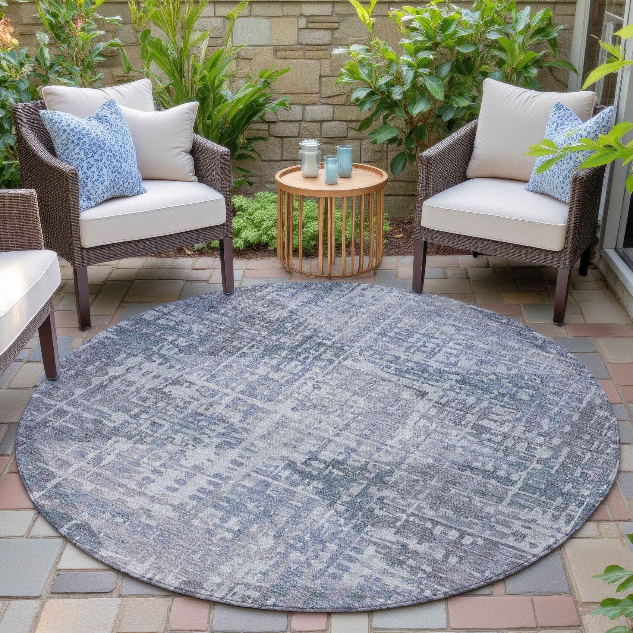 8' Blue And Purple Round Geometric Washable Indoor Outdoor Area Rug