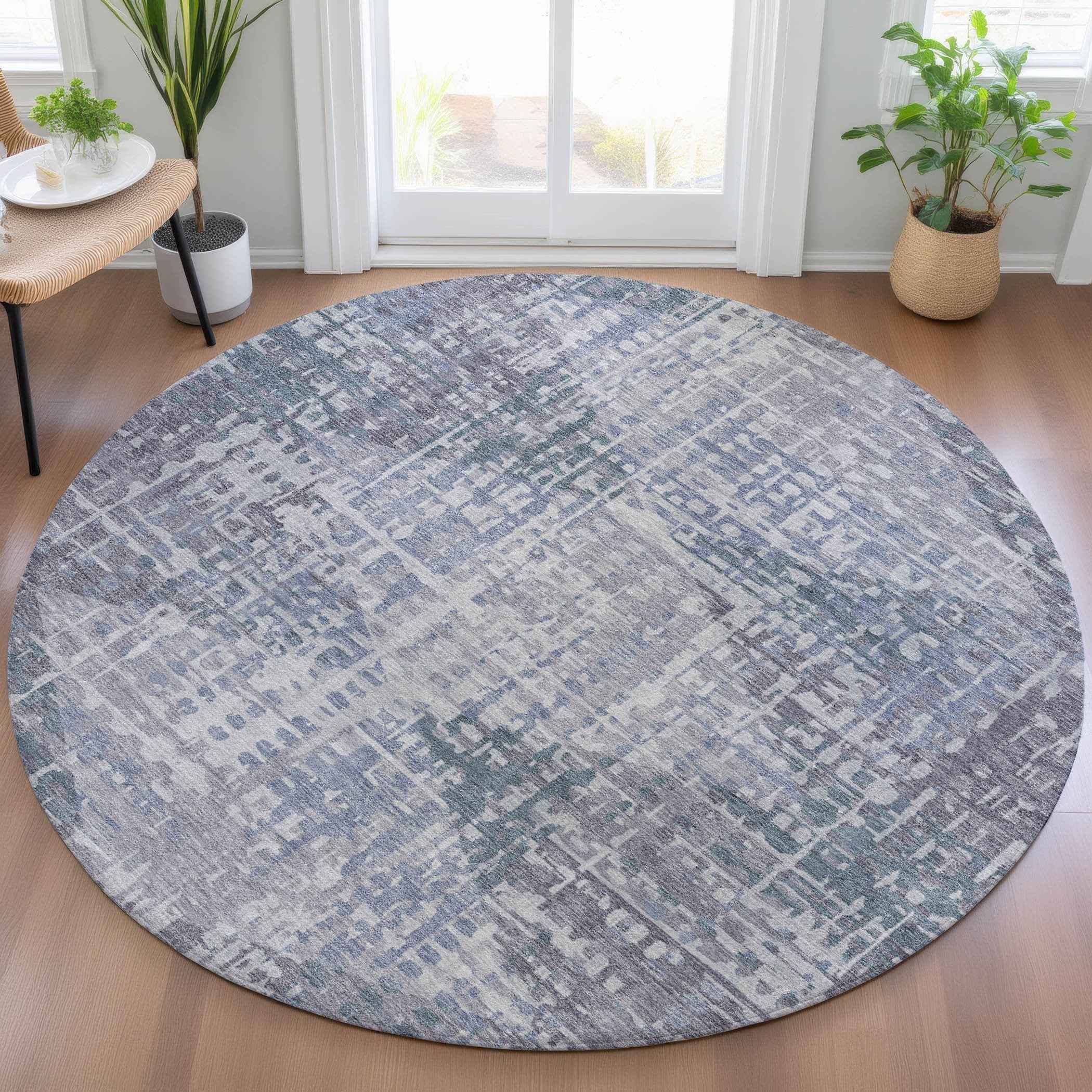 8' Blue And Purple Round Geometric Washable Indoor Outdoor Area Rug