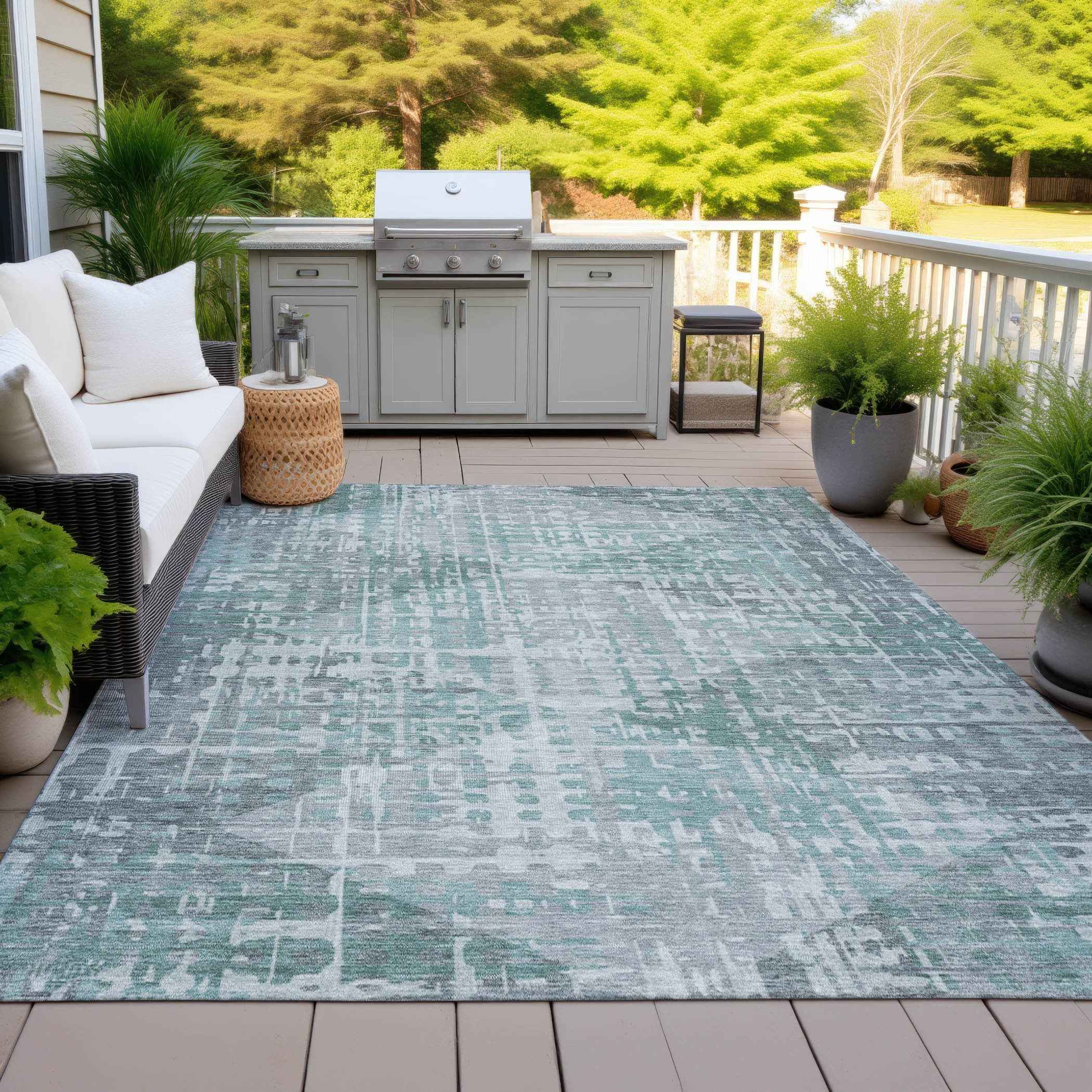 9' X 12' Teal Blue And Gray Geometric Washable Indoor Outdoor Area Rug