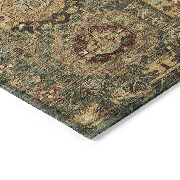 3' X 5' Artichoke Green Gold And Beige Medallion Washable Indoor Outdoor Area Rug