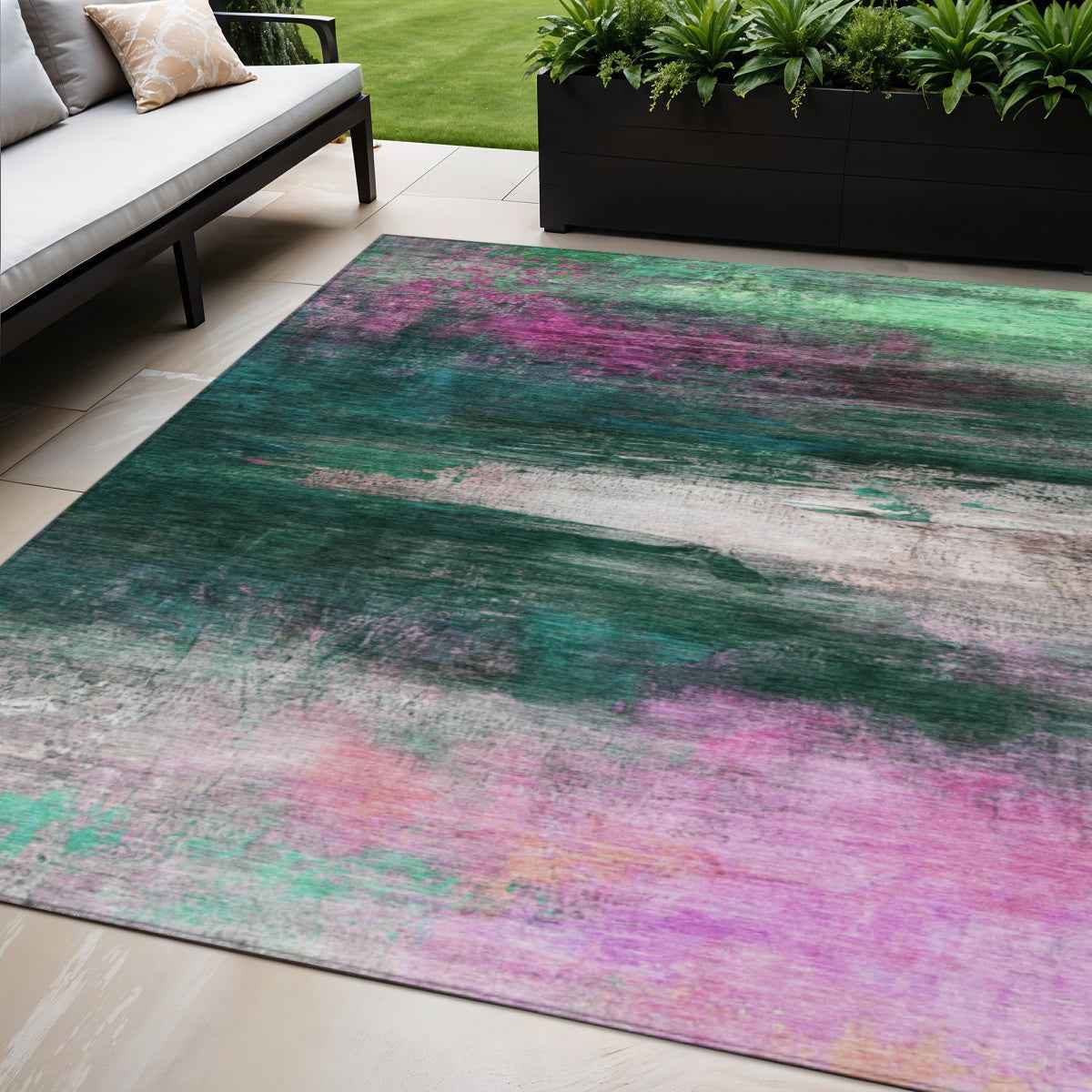 5' X 8' Green Blush And Ivory Abstract Washable Indoor Outdoor Area Rug
