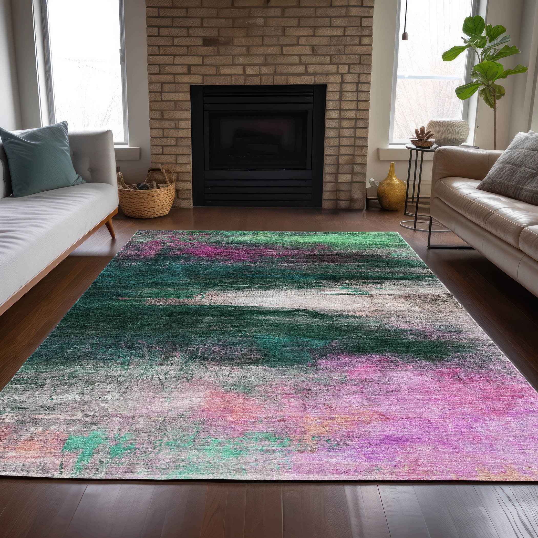 5' X 8' Green Blush And Ivory Abstract Washable Indoor Outdoor Area Rug